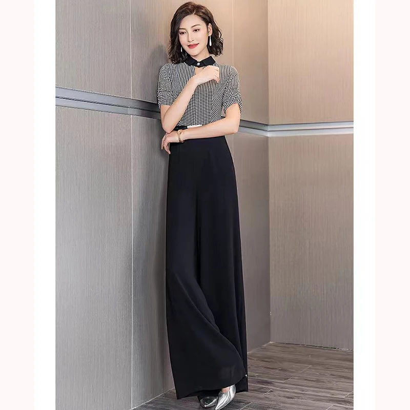 2022 New Women's Summer Pants Skirt Set Black Lattice Stitching Fashion One-piece Pants Long Jumpsuit Women's Wear