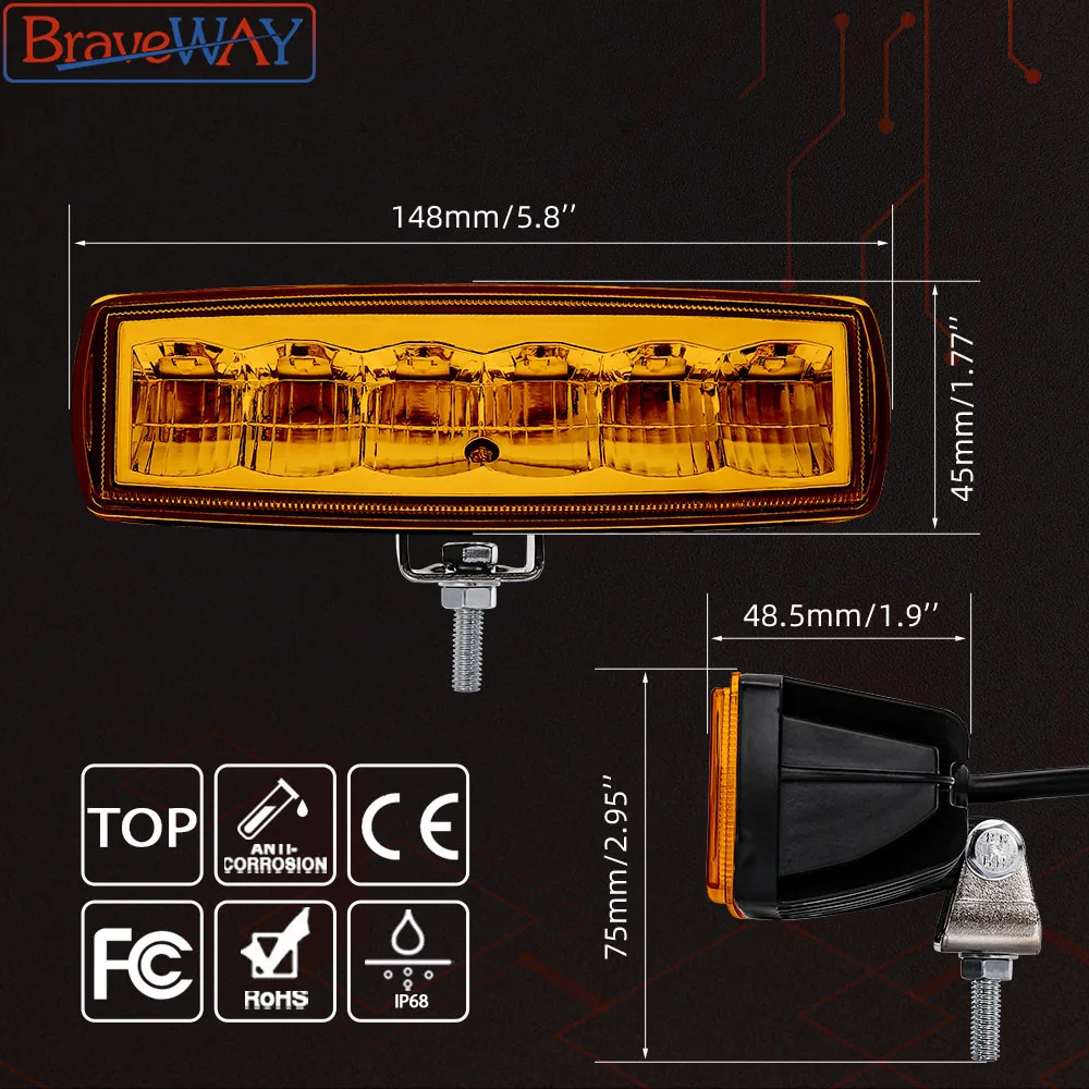 BravyWay Led Yellow Fog Light Truck 6 inch Work Light 30W 24V Light Bar 3000K Offroad Headlight Running Lights Bracket Led Ba