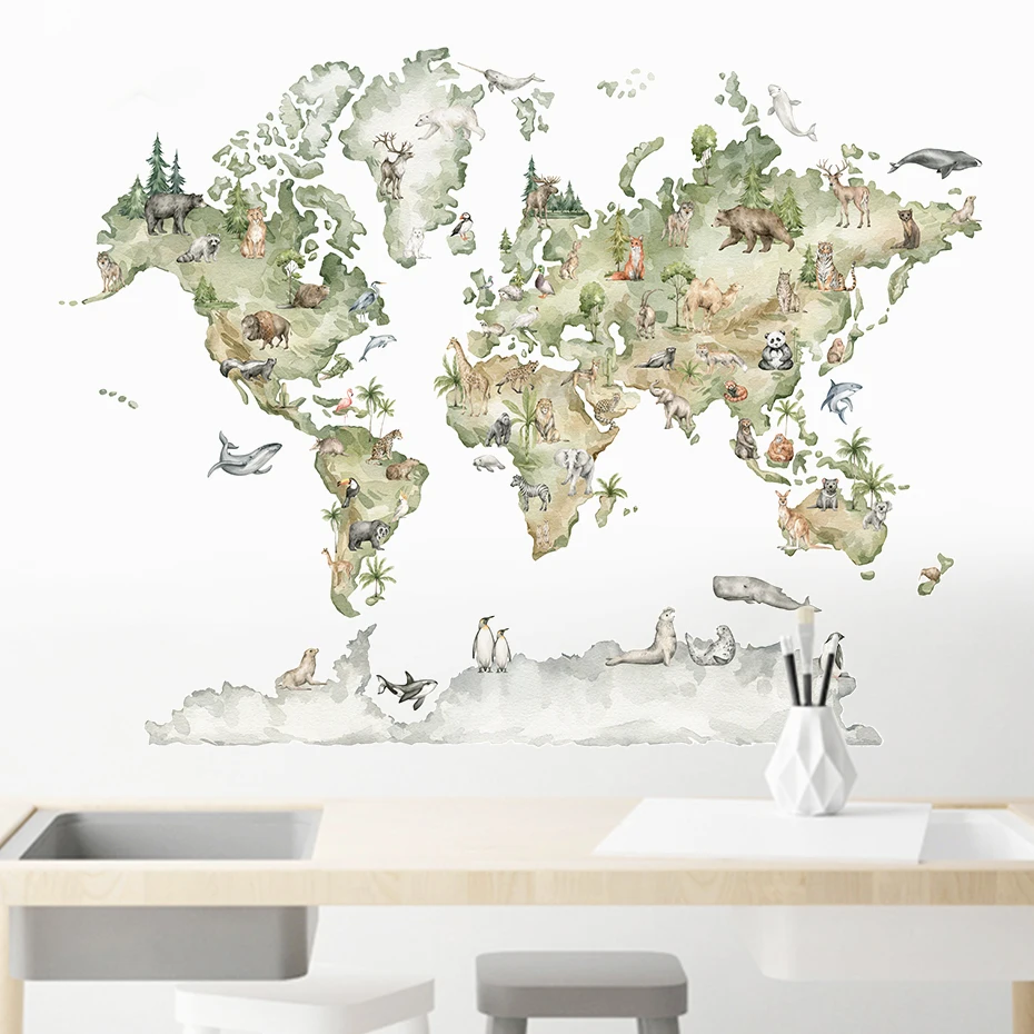 Watercolor World Map Animals Wildlife Wall Stickers Removable Vinyl Wall Decals Print Kids Room Playroom Interior Home Decor