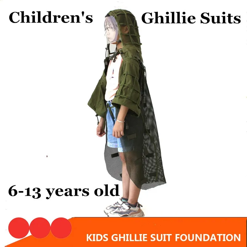 

6-13 Years Old Children Ghillie Suits Foundation Cloak Kid Outdoor Summer Camp Training Clothing Hooded Breathable