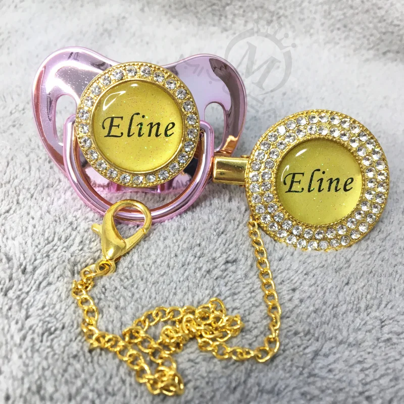 

MIYOCAR custom any glitter name photo gold pink bling pacifier and pacifier clip mint BPA free dummy bling glitter design P1-BG