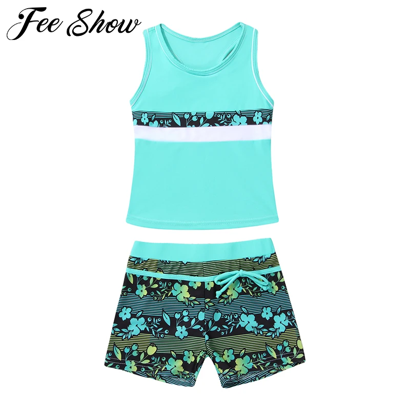 

Little Girls' Summer Swimwear Two Piece Racerback Tank Tops with Boyshort Sets Kids Tankini Swimsuits Bathing Suit