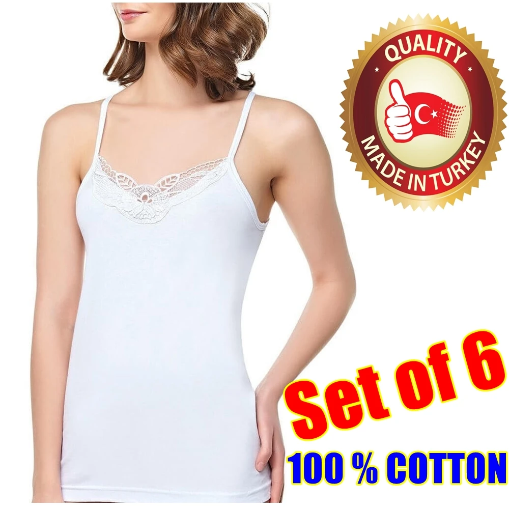 

Woman Underwear Set of 6 100% COTTON Sexy Top Lace and Embroidered Camisole Undershirt Pyjamas Sleeveless Sleepwear Tank