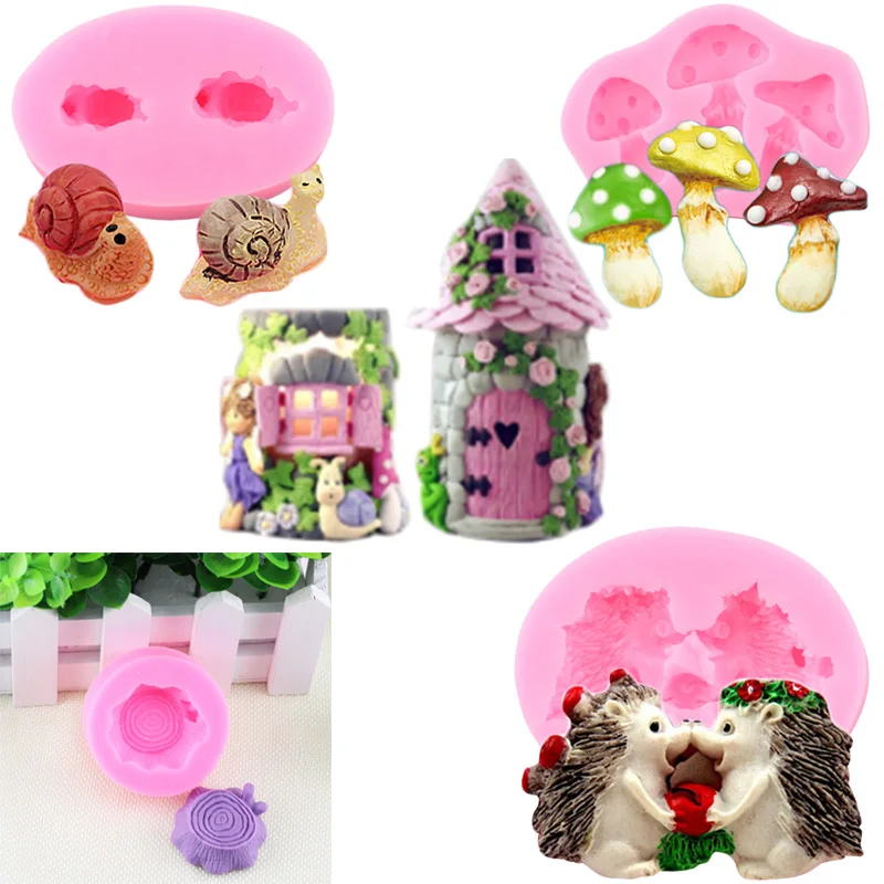 4Pcs/Set Hedgehog Snail Mushroom Tree Stump Silicone Mold Cupcake Topper Fondant Cake Decorating Tools Candy Chocolate Mould