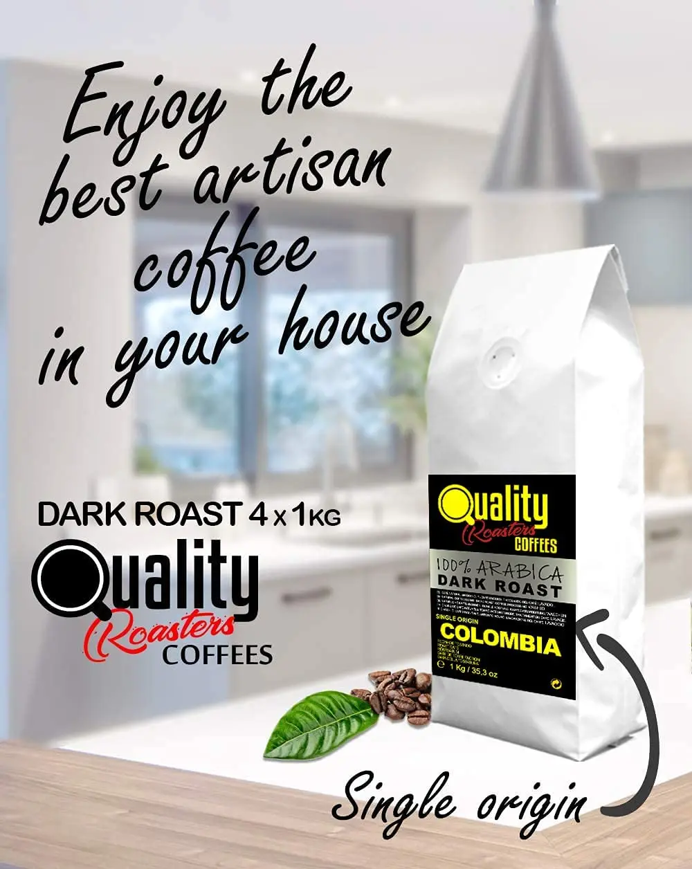Café en grano natural. Tueste Oscuro. 100% Arabica. Origen Colombia, Pack 4KG