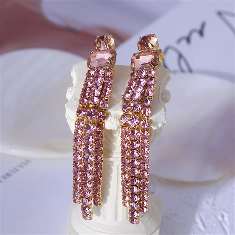 

European And American Jewelry Wholesale Fashion And Elegant Series Dinner Style Full Zircon Tassel Long Female Earrings