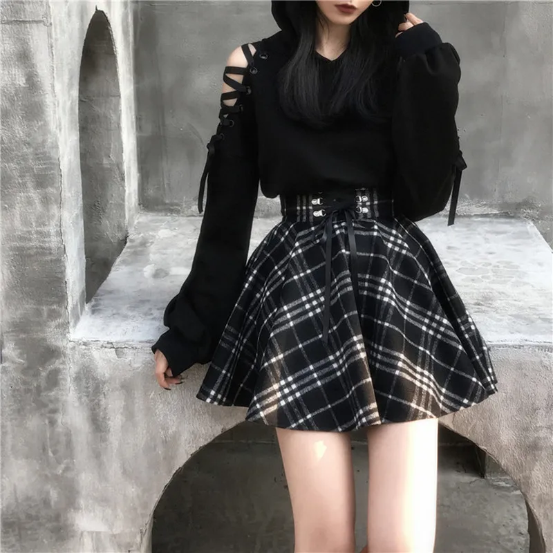 Qiukichonson Gothic Lolita Rock Frauen 2020 Frühling Herbst Winter Hohe Taille Lace-up Kurze Plaid Wolle Röcke Mini tutu femme