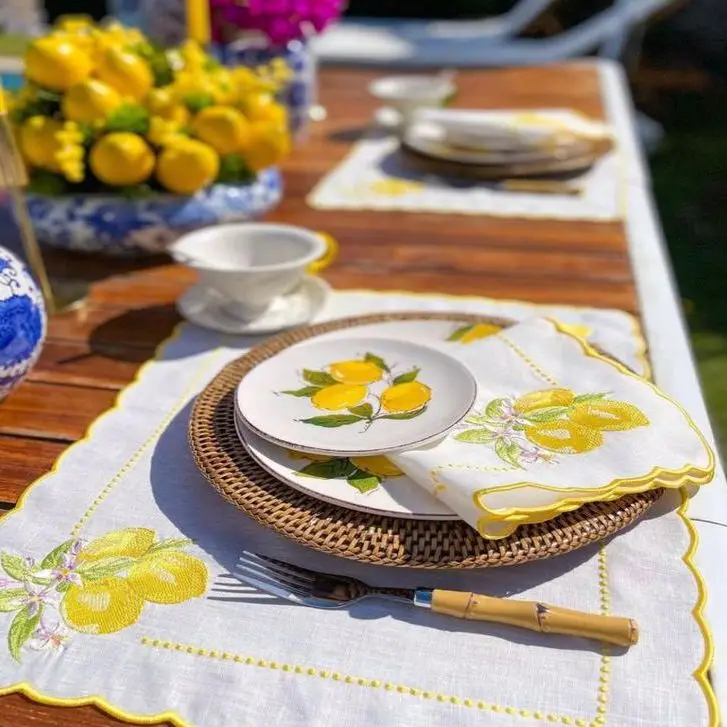 Luxury Lemon Embroidered Linen Placemats 8 People Set wedding decoration dining tables table cover kitchen decor coffee table