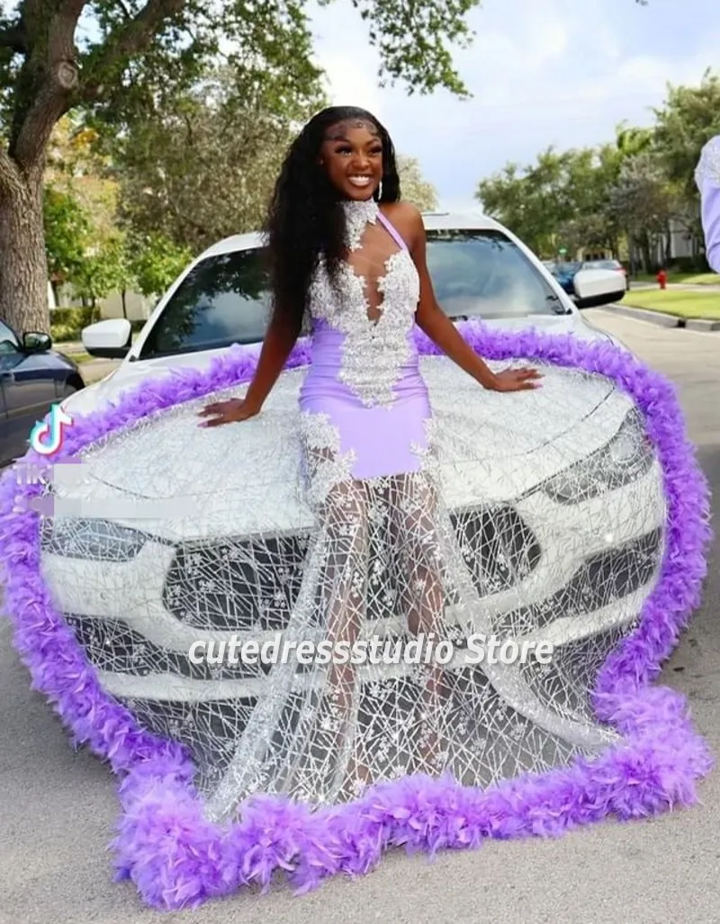 Light Purple Sequin Prom Dresses 2025 Halter Lace Beading Black Girls Party Gowns Feathers Long Homecoming Dress Customized