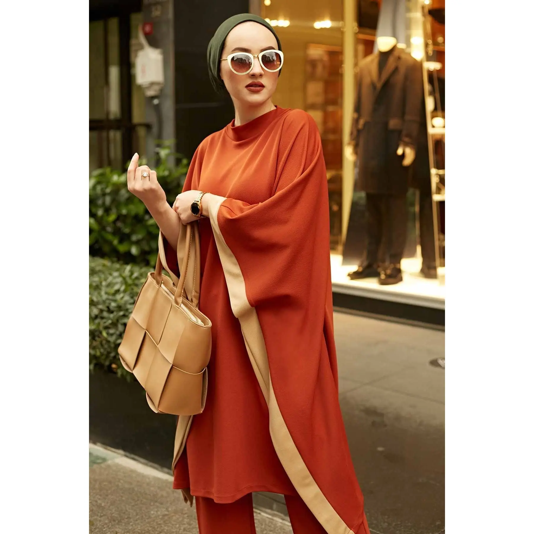 2 Piece Big Size Women's Set Bat Wing Sleeve Half-Turtleneck and Baggy Tunic Top and Baggy Pant Set 4 Seasons One Size Turkey