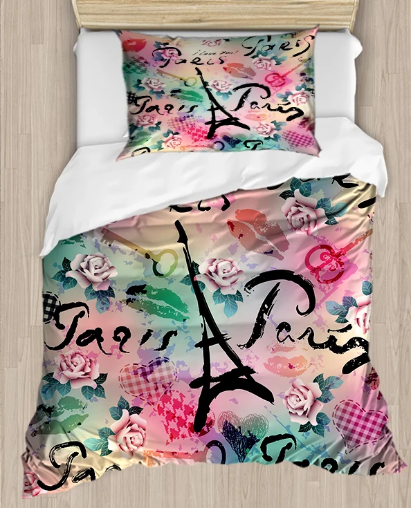 

Else Pink Green Watercolor Paris Eiffel Tower 4 Piece 3D Print Cotton Satin Single Duvet Cover Bedding Set Pillow Case Bed Sheet