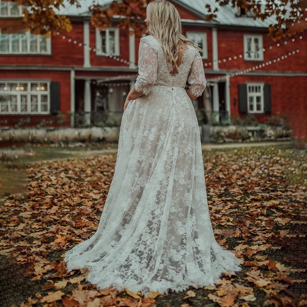 Lange Naakt Voering Kant Flatterende Trouwjurk Grote Grote Maten Strand Tuin Foto 'S Bohemen Boho Halve Mouwen V-hals Bruidsjurken