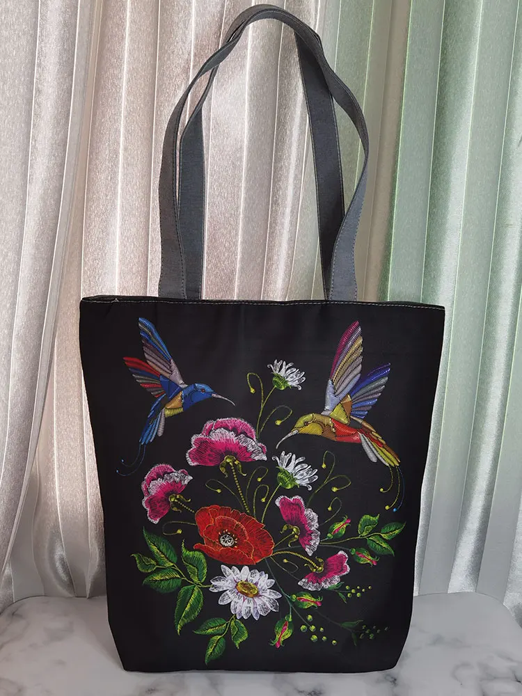 Bolso de mano Retro con bordado de flores y pájaros, bolso de hombro portátil que combina con todo, bolso de mano Vintage, bolso de compras grande