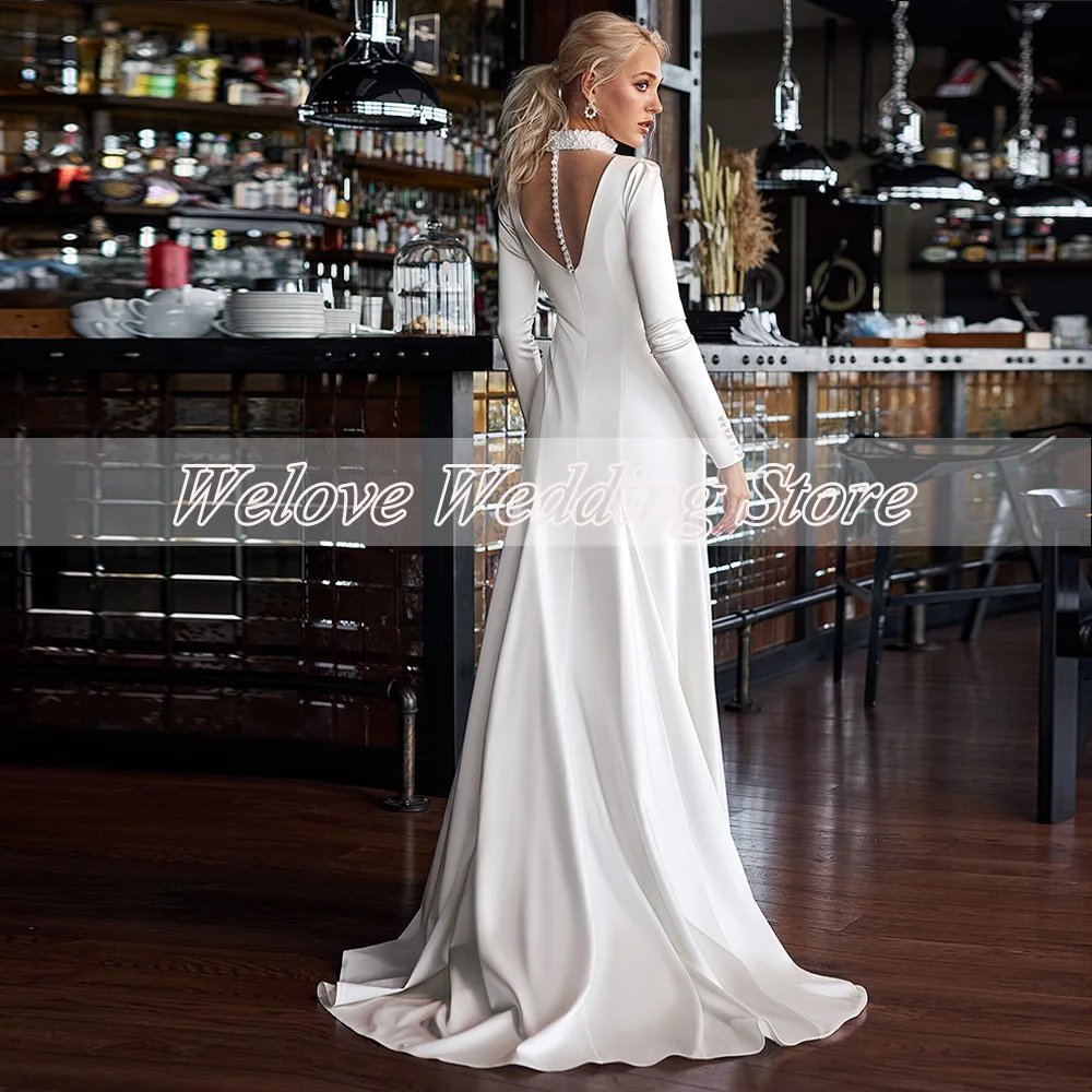 Simple White Wedding Dress With Pearl Civil Side Slit Bridal Gown O Neck Long Sleeves Stylish Beach Customized Robe De Mariee