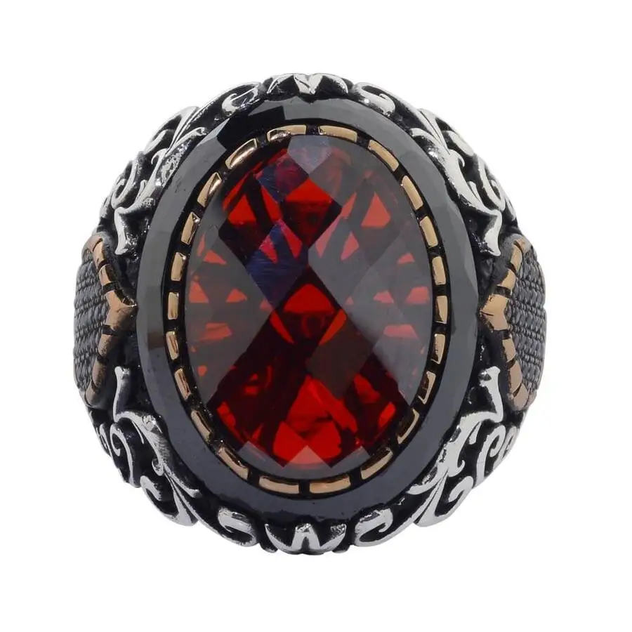 Facet Cut Red Zircon Stone Silver Men's Ring with Drop Figure Fashion Turkish Premium Quality Handmade Jawelery