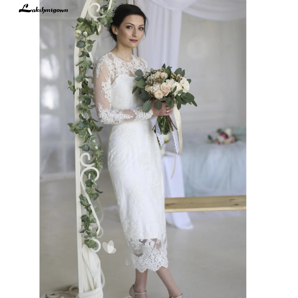 

Summer Sheath Ankle-Length Wedding Dress With Illusion Lace Appliques And Split Back Wedding Party gowns