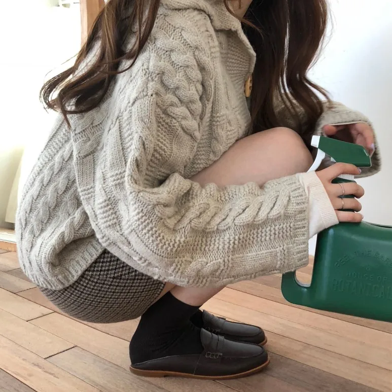 Coarse Knit Long-Sleeved Cardigan Jacket Over Size Sweashirt Sweater Woman Ladyโs Bouses