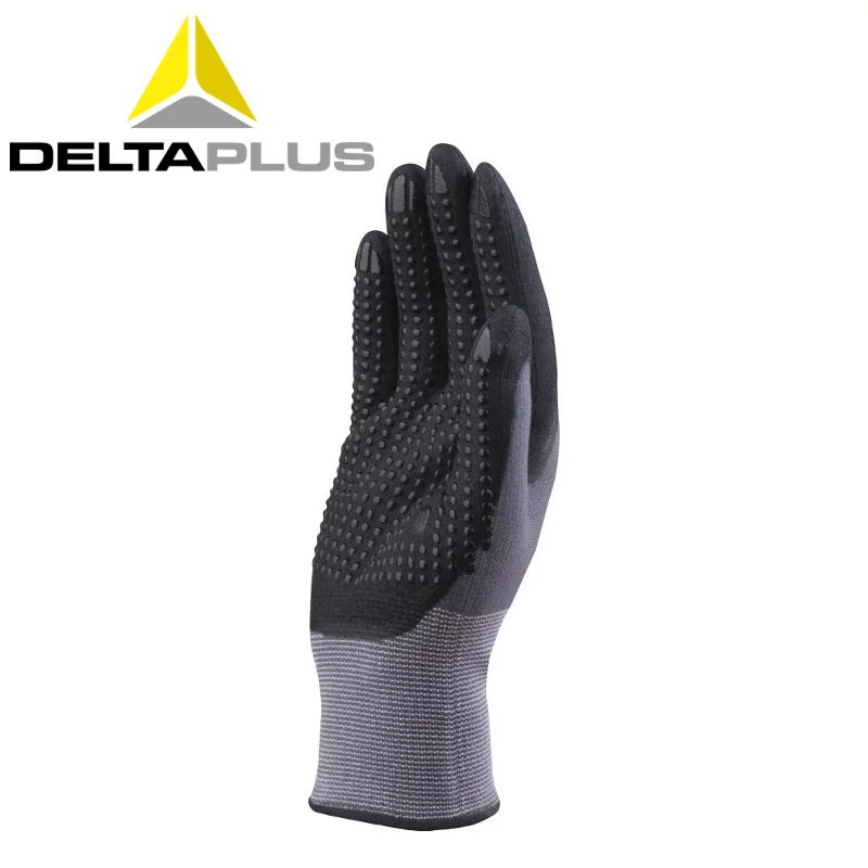 DeltaPlus VE727 safety work glove polyamide spandex knitted nitrile pu palm with dots Polyurethane coating Oil resistance