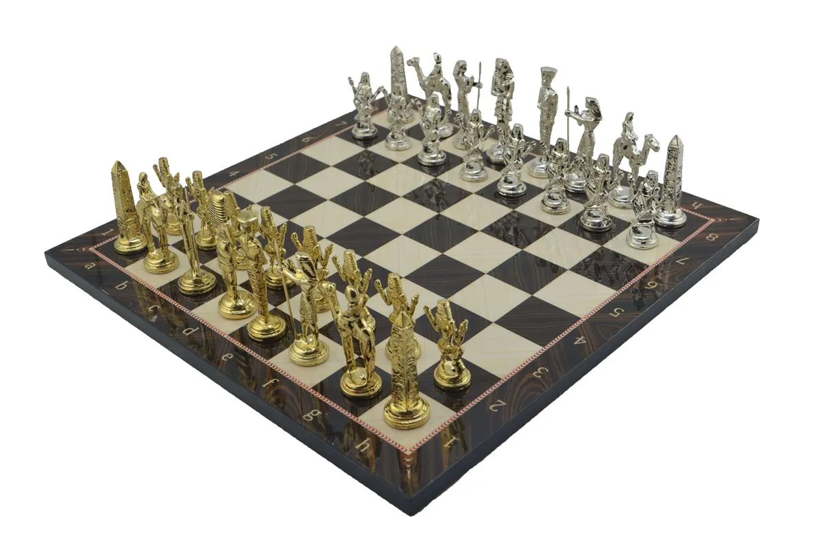 Metal Egyptian Chess Set Glossy and Walnut Patterned MDF Wooden Chess Board 37x37 cm