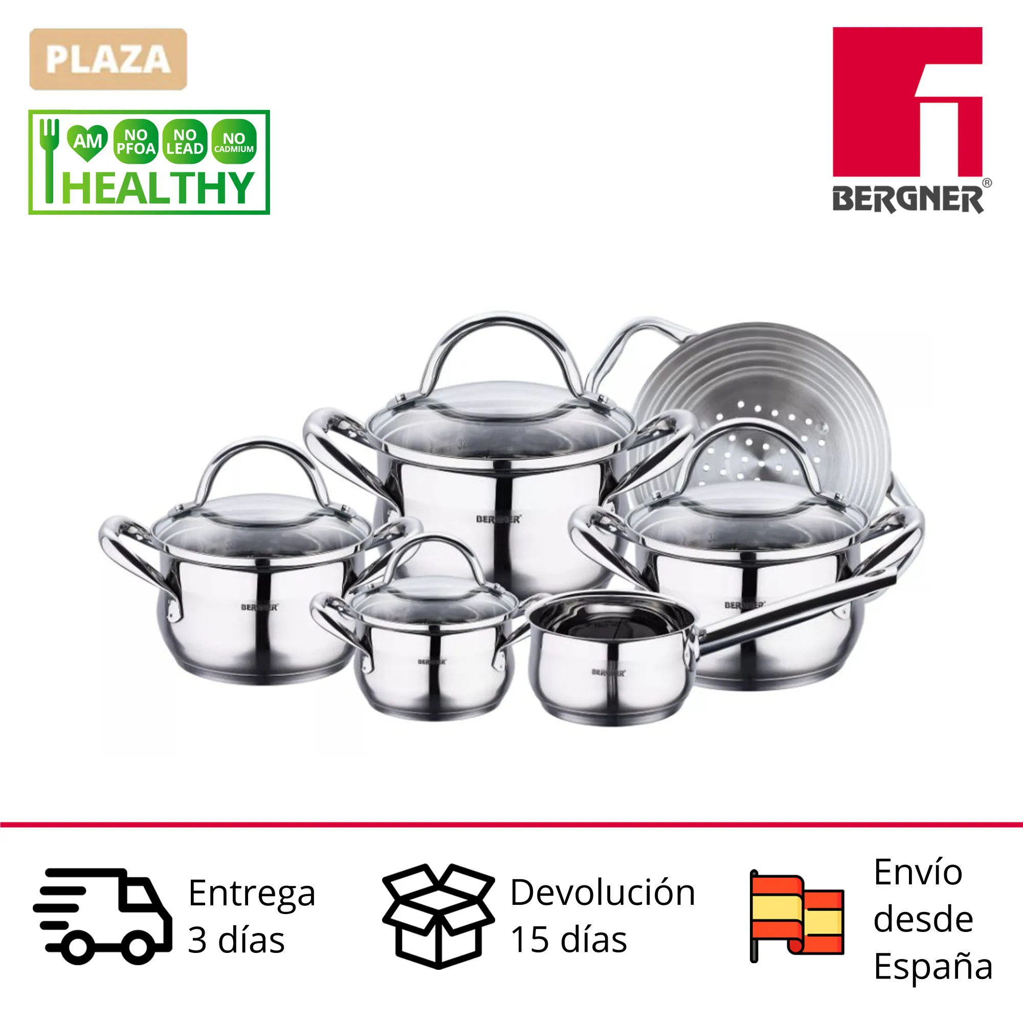 10 piece Gourmet BERGNER kitchen Bateria in stainless steel suitable for inducing with glass lids