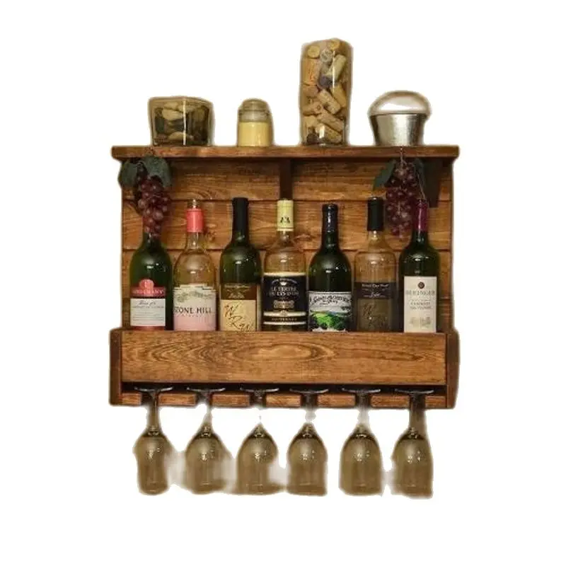 Decorative Wooden Shelf Wine Rack Glass Holder 6 Pcs. Wall Mounted Brown Classic Rustic Look Free Fast Shipping From Turkey