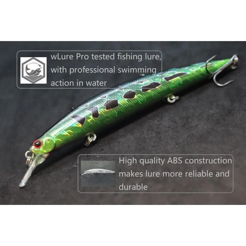 WLure-señuelo de pesca Minnow, 12,7 cm, 12,5g, cuentas largas y delgadas para correr en el fondo, 3 ganchos de acción apretada, Jerkbait flotante