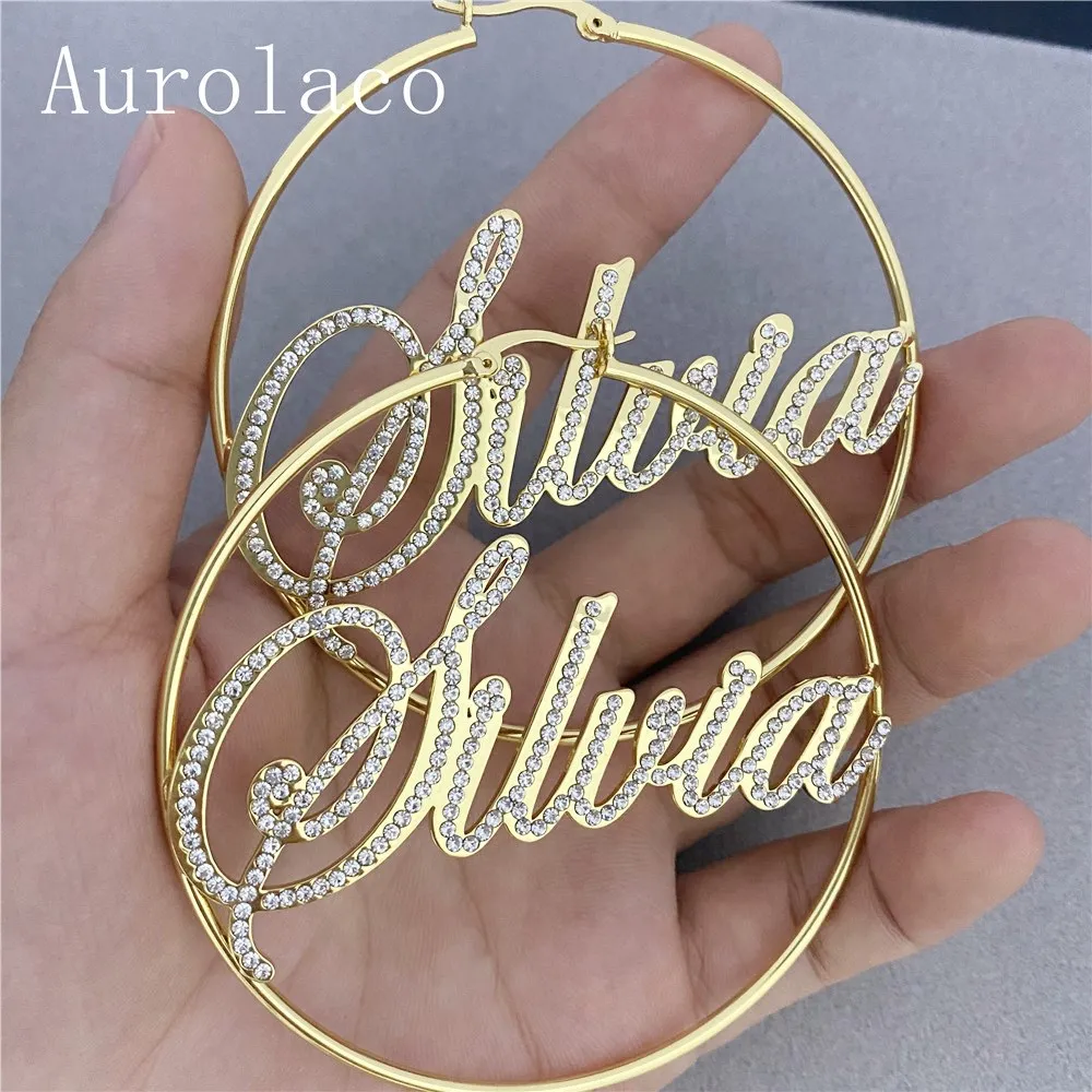 AurolaCo Custom Name Earrings with  Diamond Custom Bling Bling Hoop Earring Personality Jewelry for Women Christmas Gifts