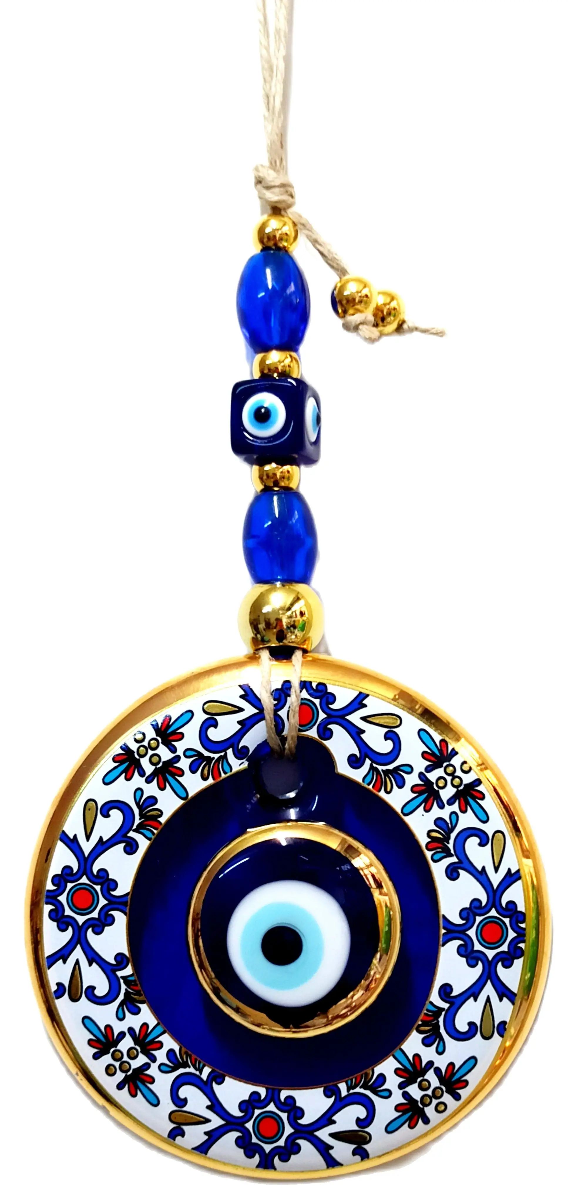 

Tile Patterned Evil Eye Beaded Wall Ornament, Glass Craft Souvenir, Gilded Evil Eye Bead