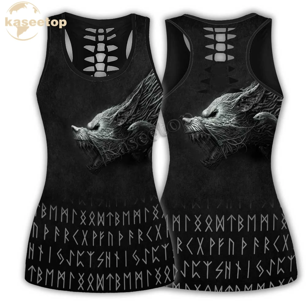 Kaseetop  3D Fenrir Viking Monsters Two Piece Yoga Set Women 3D Print Vest Hollow Out Hollow Tank & Legging Outfit Summer LK115