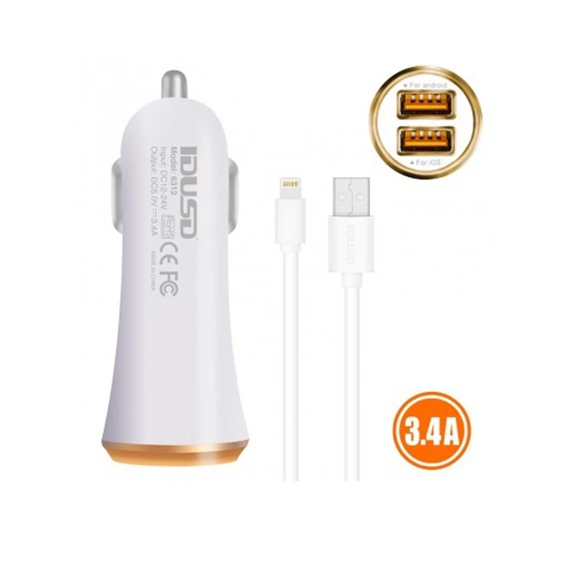 IDUSD Car Charger Cable for iPhone 7 6 X8 5 5S SE 11 Car Charge USB Cable Charger FAST CHARGE 3.4A USB 6310B