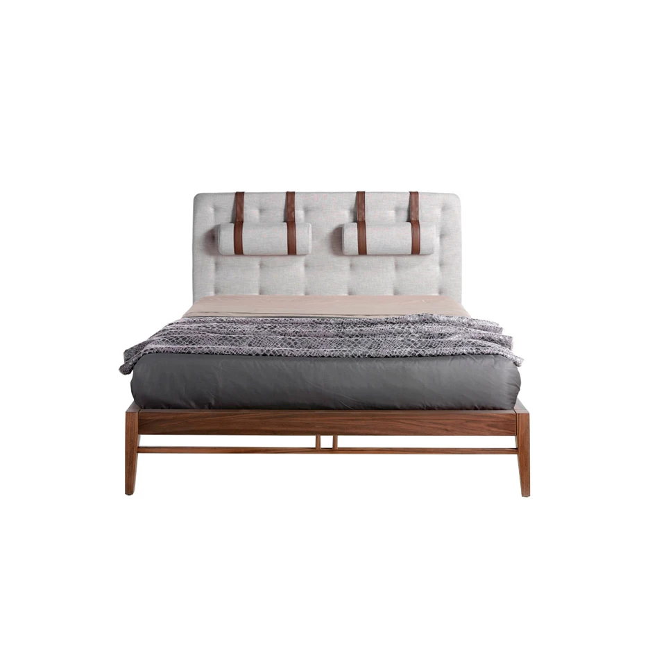 7034 bed Angel Cerdá-bed with structure in walnut-plated wood and headboard upholstered in fabric with two headrests with chocolate colored polyskin strips included. Pine Wood multi-lamas frame included.