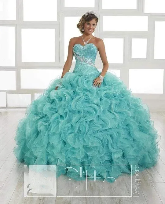 CloverBridal 2021Gold Glitter Tulle และ Organza Quinceanera ชุด Aqua Quinceañera De 15 Cinderella วันเกิดชุด WQ9802