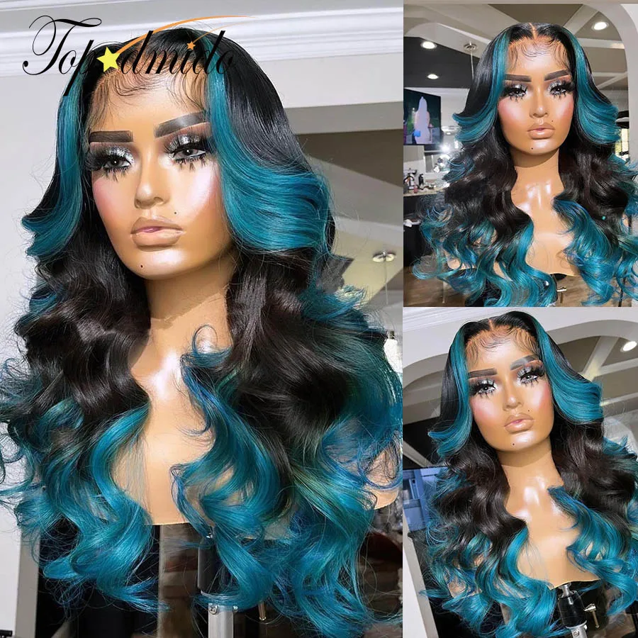 Topodmido Highlight Blue Color 13x6 Brazilian Hair Wigs with Middle Part 13x4 Lace Front Human Hair Wigs Body Wave Closure  Wigs