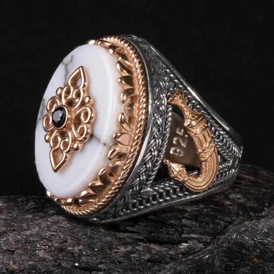 Zircon and White Mother of Pearl Stone Gold Coloured Sword Figured Silver Ring Fashion Turkish Premium Quality Handmade Jawelery