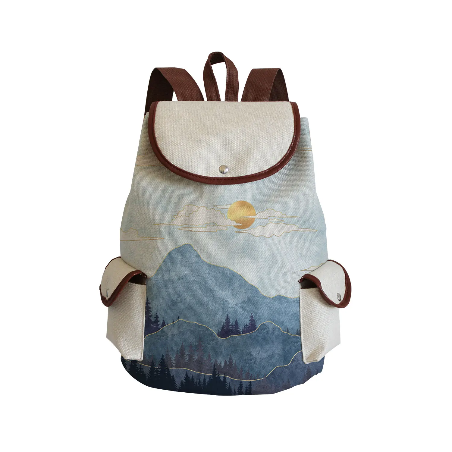 Landscape Casual Linen Backpack For Printing Storage Bag Classic Mountain Forest Outdoors Packs Large Capacity Womens School Bag