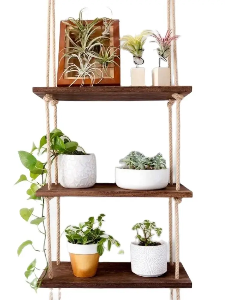 Wooden Handmade 3 Rope Shelf Bookcase Rack Nordic Design Home Balcony Kitchen Garden Decor Country Style Wood étagère Estante