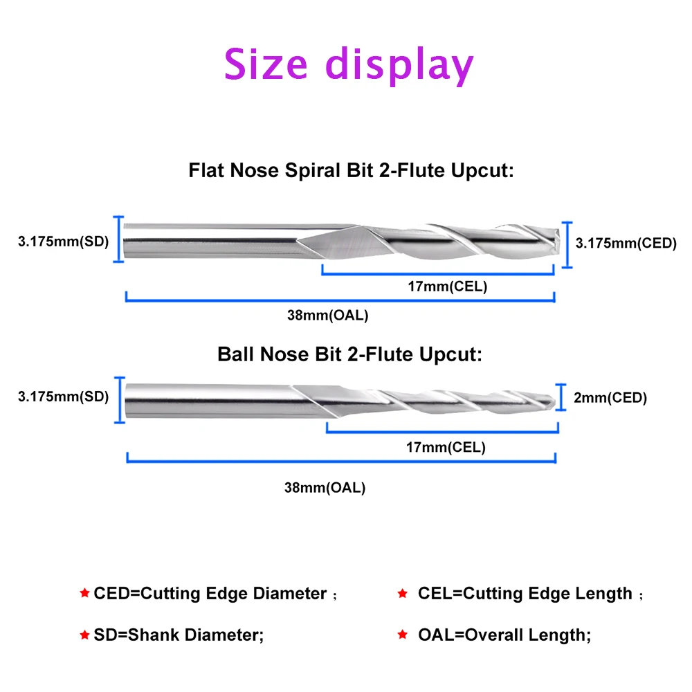 10pcs 3.175 1/8 생크 2 플루트 나선형 플랫 노즈/나선형 볼 노즈 엔드 밀, 목재 카바이드 도구용 라우터 비트 조각