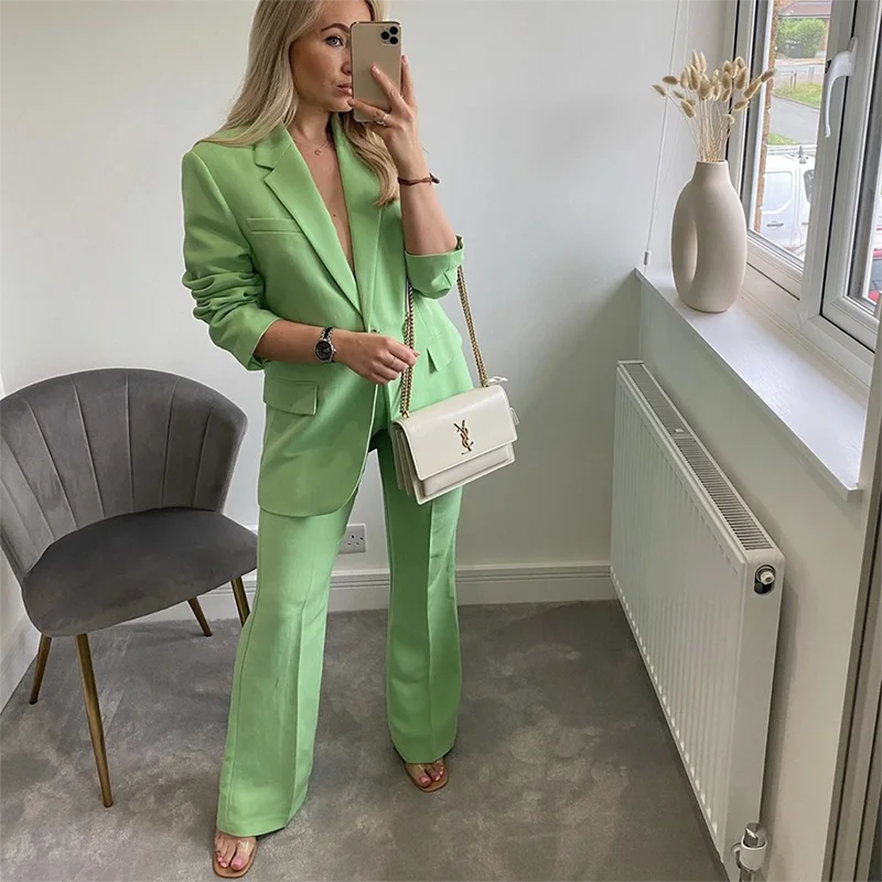 Klacwaya Women 2021 Blazer Two-Piece Set Vintage Green Office Lady Single Button Suit Fashion High Waist Wide leg Pants Suits