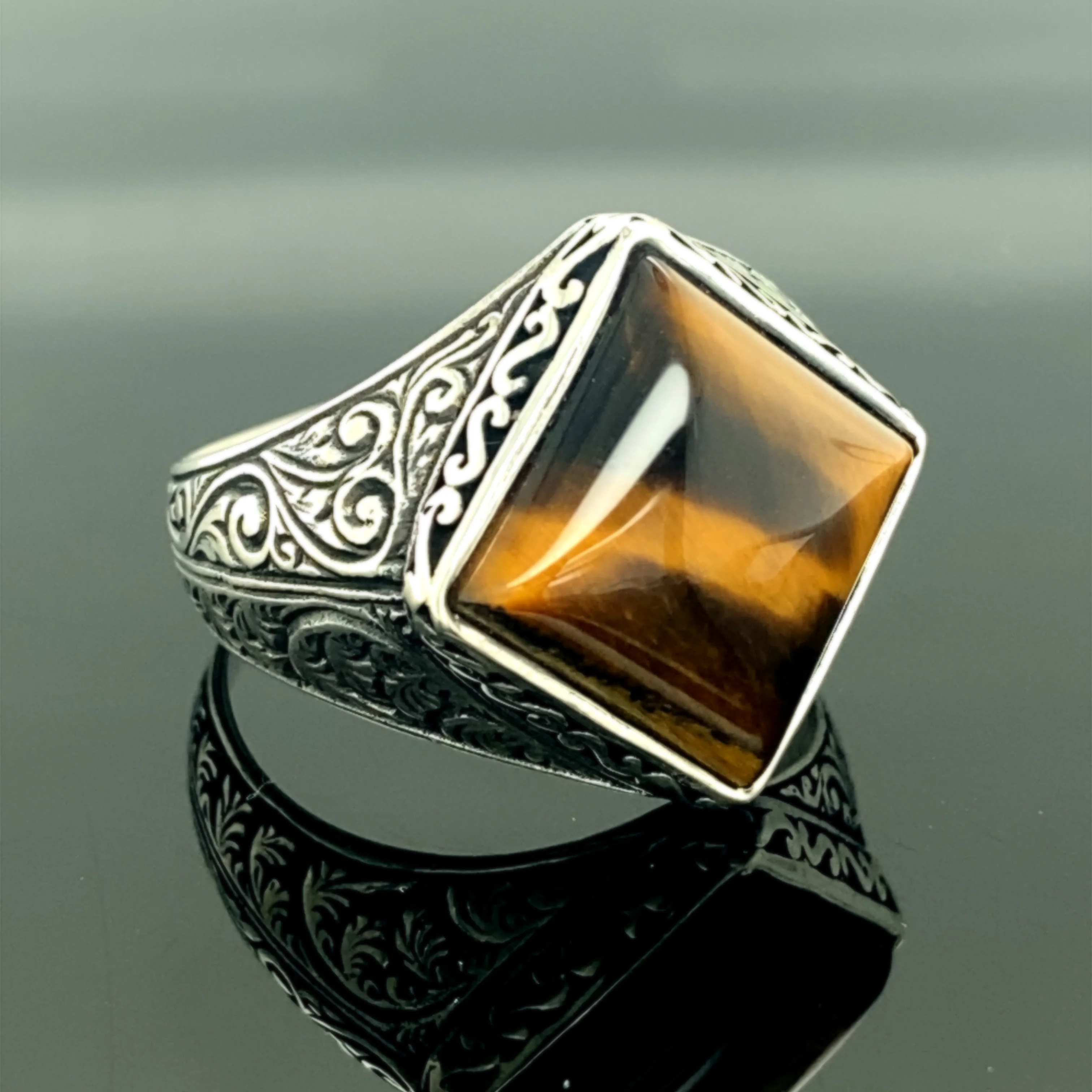 Handmade Tiger Eye Stone Ring , Square Stone Ring ,Tiger Eye Gemstone Ring , Men's Ring, Gift to Him, 925 Sterling Silver Ring ,