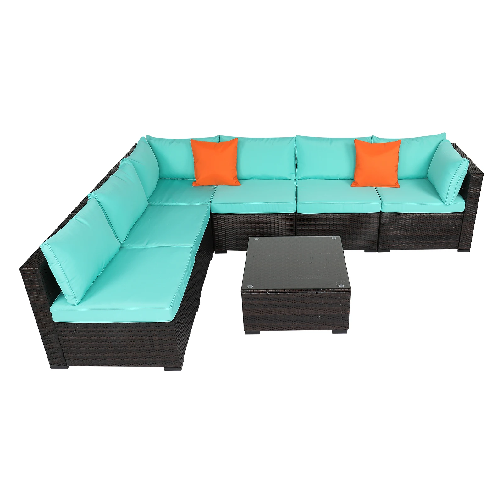 7 Piece Outdoor Terrace Patio Furniture Set Brown Gradient Rattan Lake Blue Cushion Vacuum Packing Rattan[US-Stock]