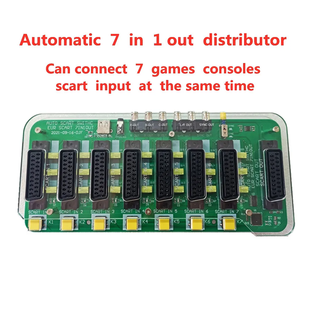 New 7 in 1 out Acrylic Case Video Mini Scart Distributor Converter EUR Automatic switcher Adapter RCA SVHS AV TV Audio Divide