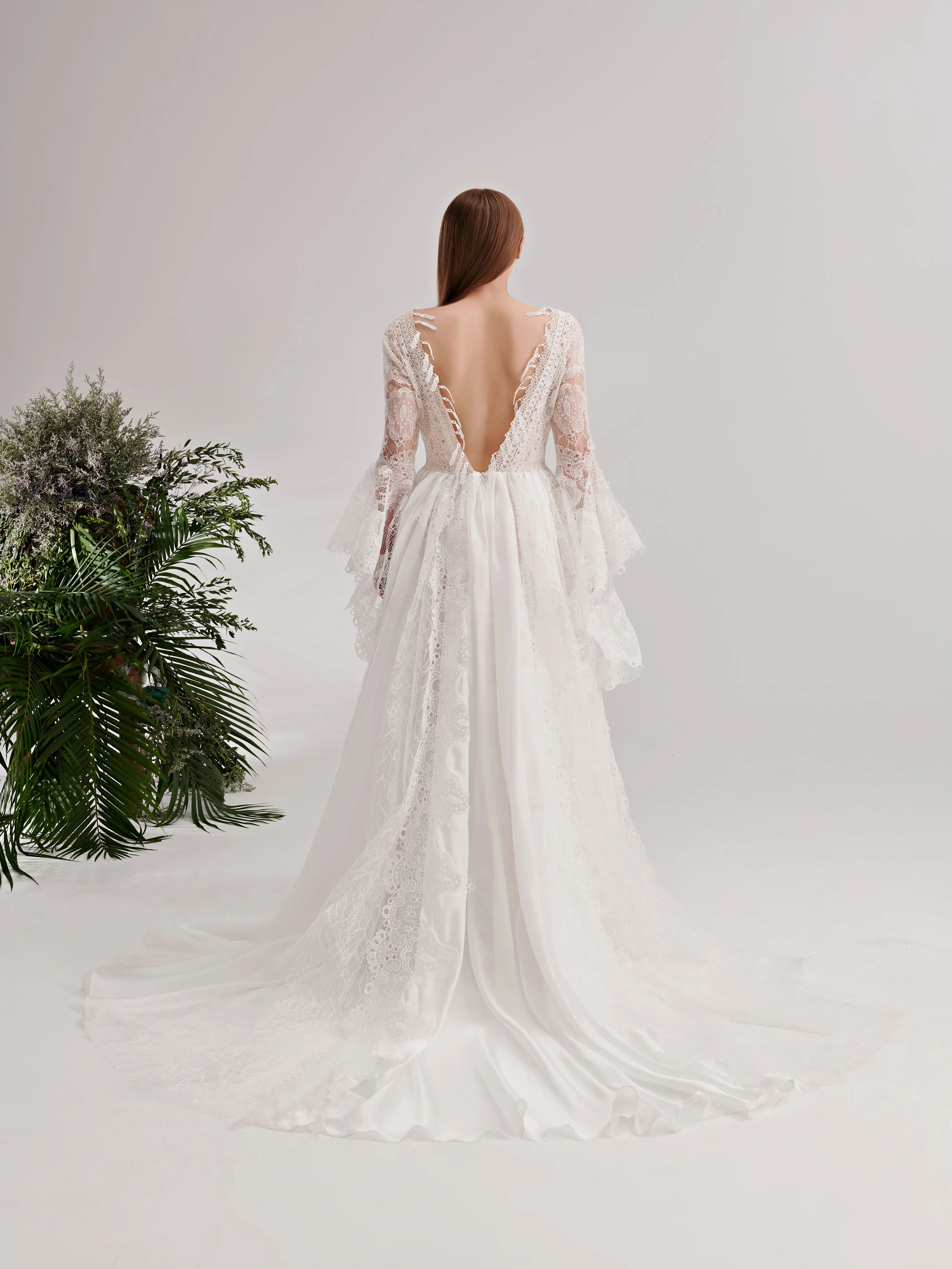 Robe de mariée en dentelle Aline, col en v, manches bouffantes, dos nu, style bohémien, nouvelle collection