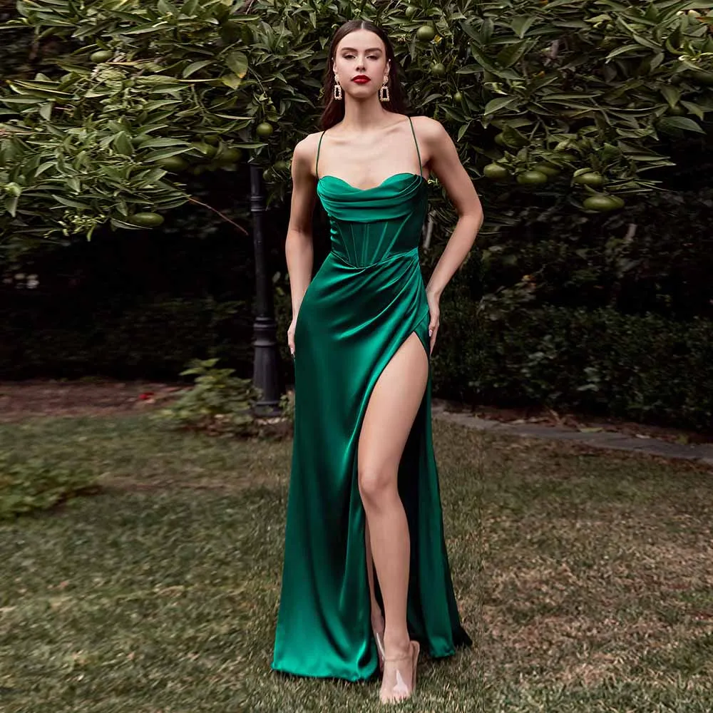 

Emerald Green Long Slit Prom Dresses Sexy Straps Soft Satin Formal Evening Party Gowns Robe De Soiree Zipper Back