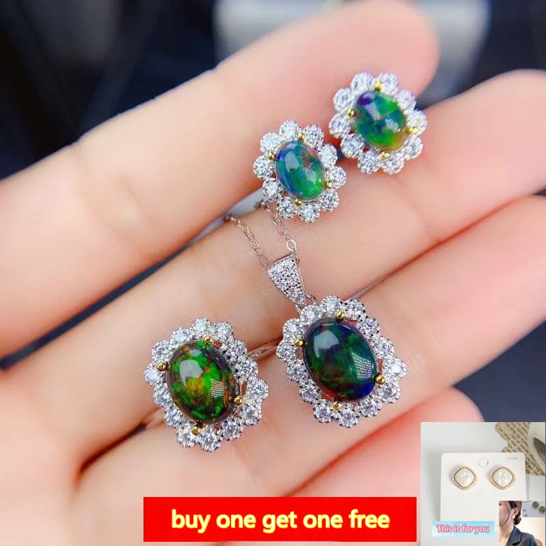 

KJJEAXCMY fine Jewelry 925 sterling silver inlaid natural black opal new girl exquisite pendant ring earring set support test