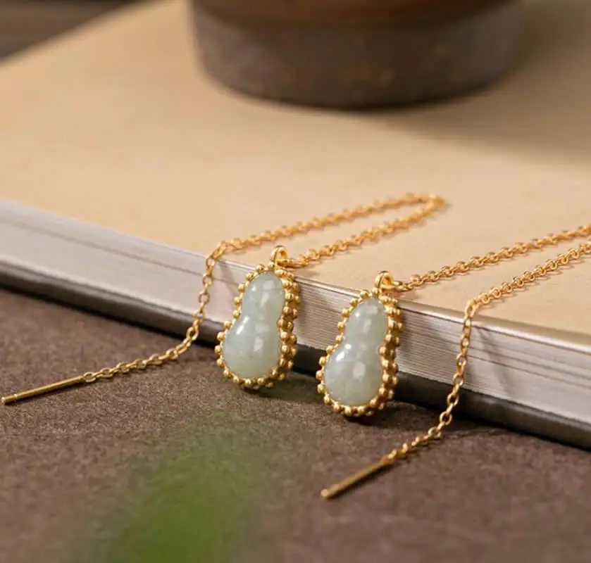 

Really S925 Silver Earrings Women White Jadeite Gourd Long Dangle Earrings Link Chain Dangle Earrings