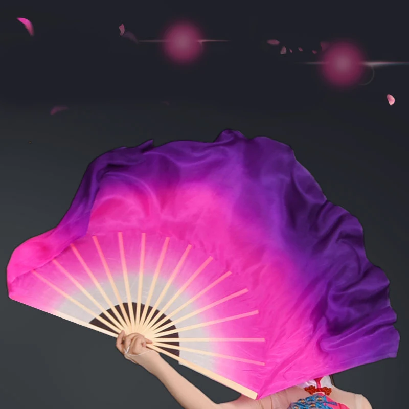 New Chinese Classical Yangko Dance Performance Props White-Rose-Purple Gradient Long Silk And Bamboo Double-Sided Dance Fan