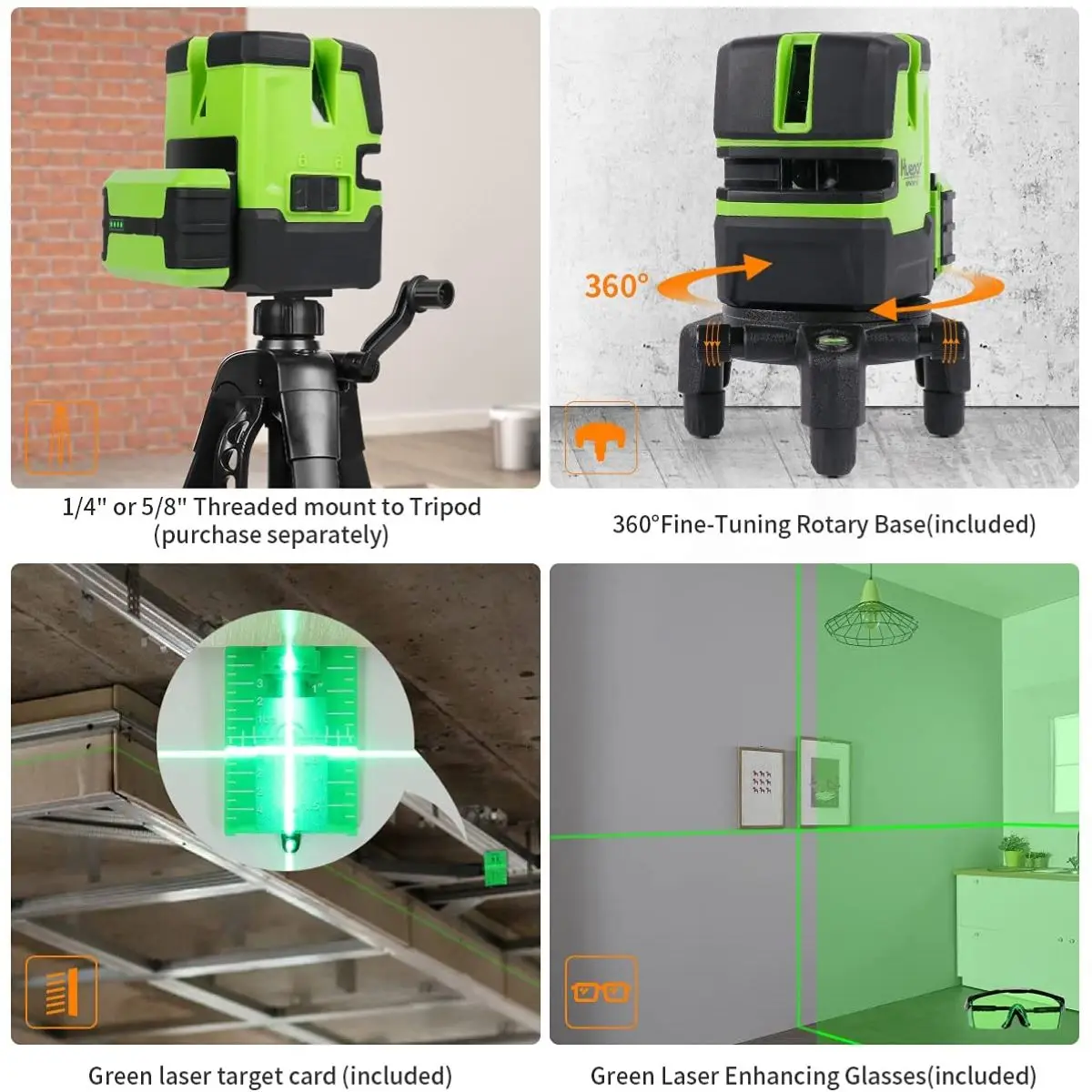 Huepar Laser Level Multi-line - Four Vertical & One Horizontal Cross Lines Laser Green Beam Self-leveling Tool With Plumb Dot