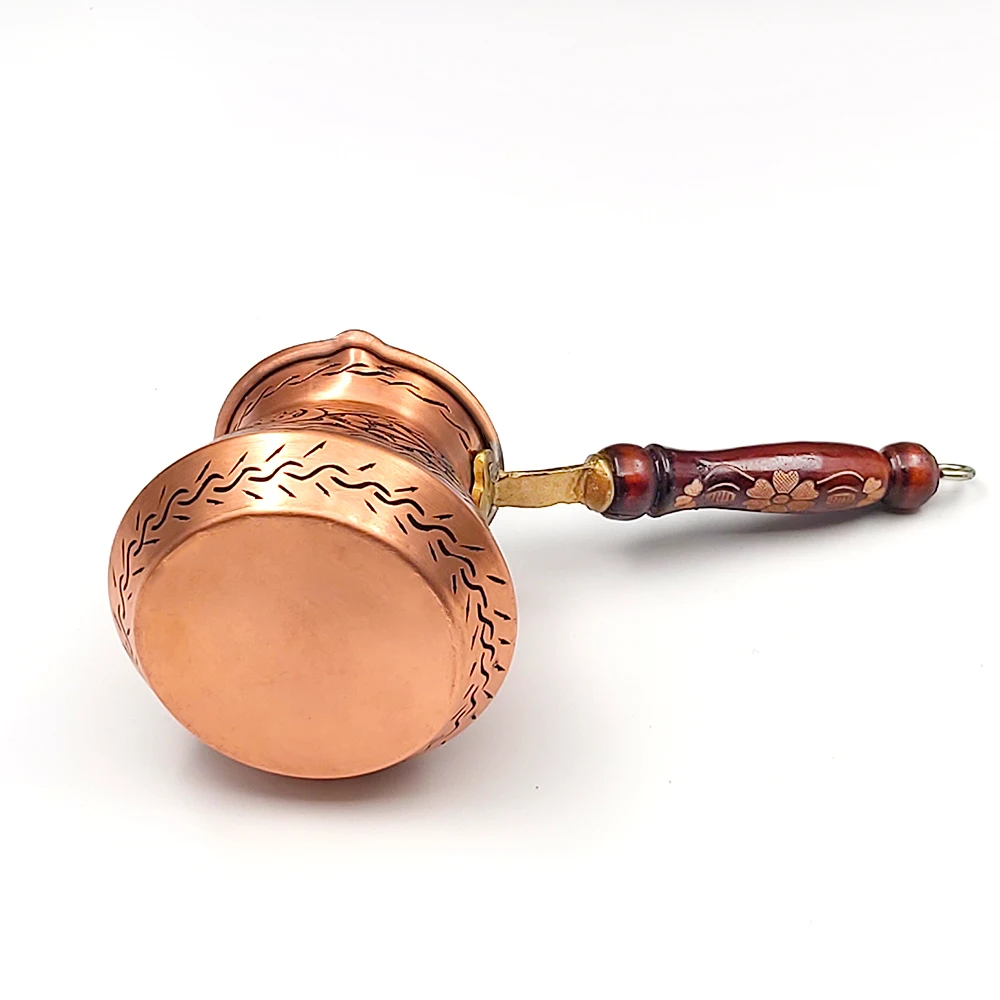 13.50 Oz Medium Coffee Pot - Coffee Maker with Embroidered Wooden Handle 4 People Handmade Cezve Ibrik Brik (Copper)