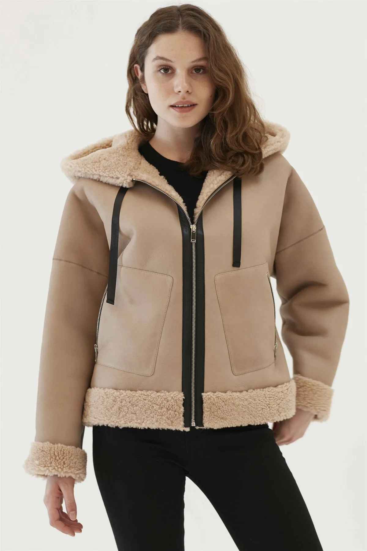 Manteau en fourrure pour femme, veste en peau de mouton véritable, doux, de qualité, garde au chaud, produit turkiyède, Parkas de sport à capuche pour motard