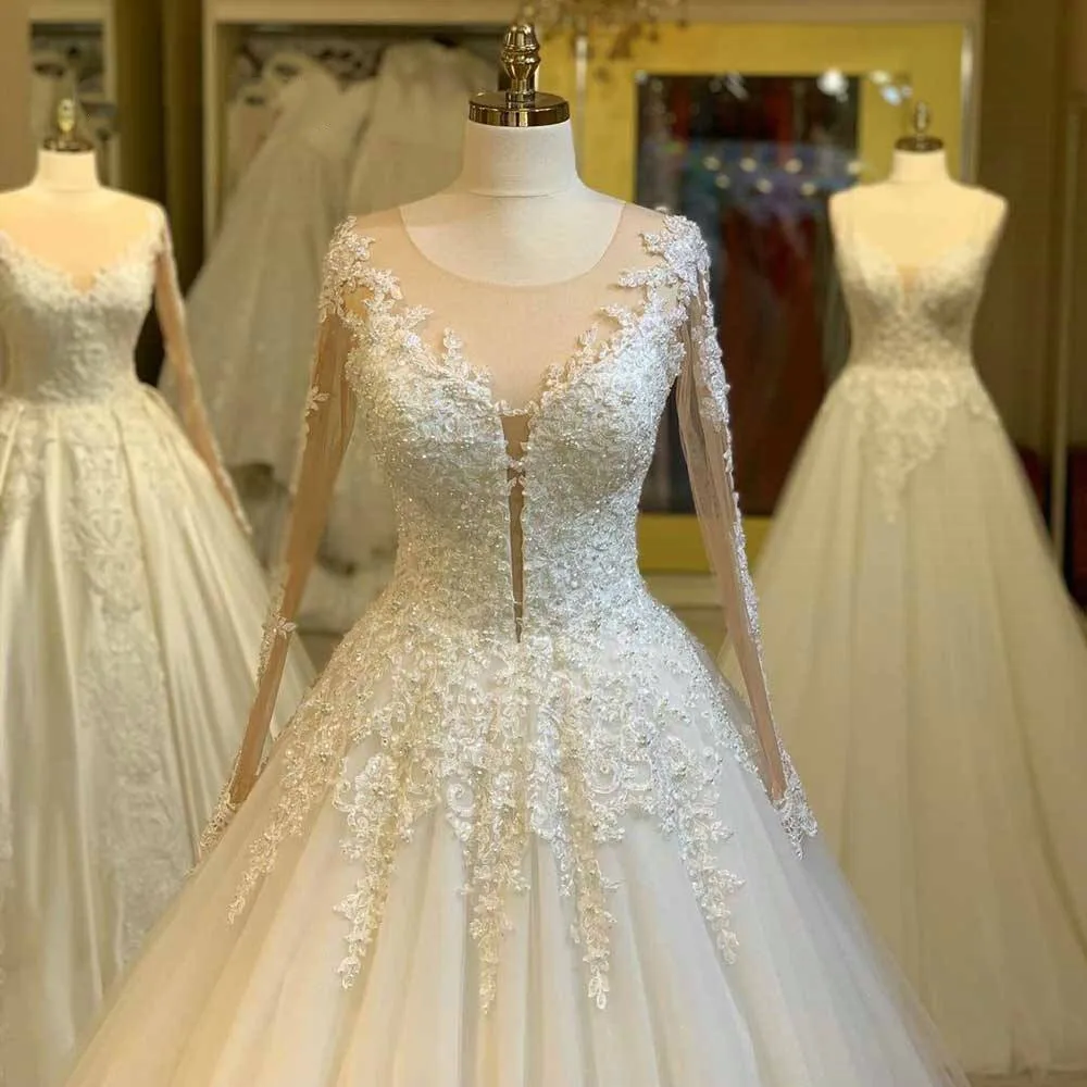 Personalizado de luxo mangas compridas vestido de baile vestidos de casamento colher pescoço renda apliques pérolas longo vestido de noiva novia